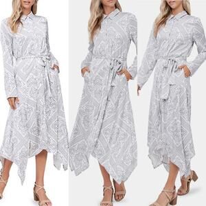 En Saison Scarf-Print Button-Front Midi Dress Small Satiny Long Sleeves‎ Belted